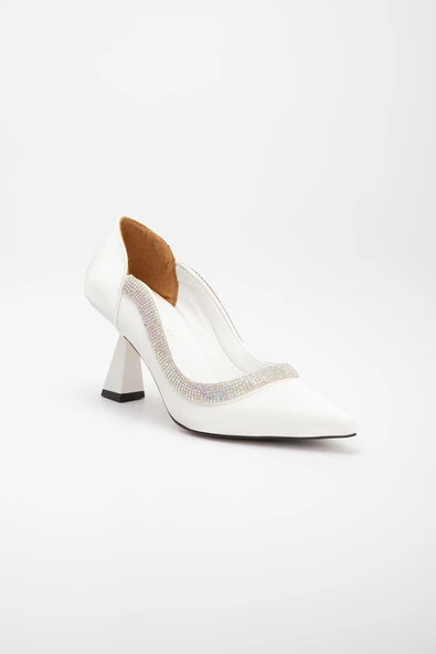 Saten Kalın Sıra Taşlı Beyaz Kadın Kadeh Topuk Stiletto - 4