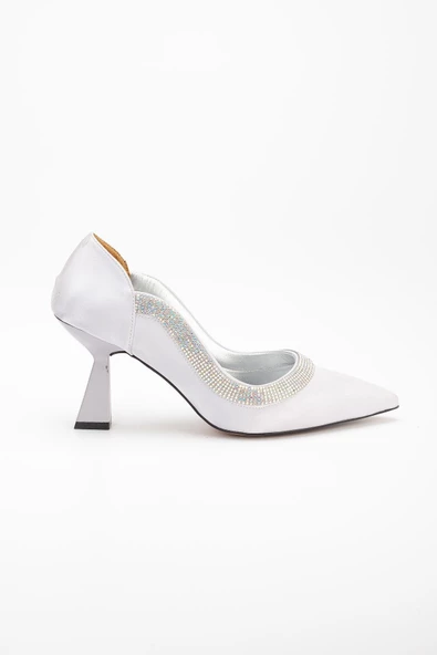 Saten Kalın Sıra Taşlı Gümüş Kadın Kadeh Topuk Stiletto - 3