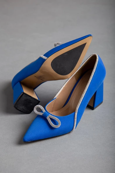 Saten Taşlı Kalın Topuk Mavi Kadın Stiletto - 3