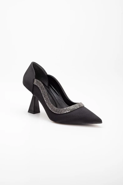 Saten Kalın Sıra Taşlı Siyah Kadın Kadeh Topuk Stiletto - 4