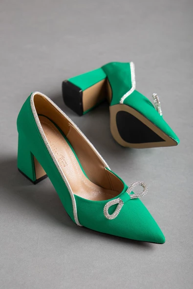 Saten Taşlı Kalın Topuk Yeşil Kadın Stiletto - Resim 3