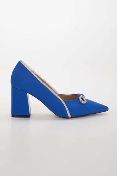 Saten Taşlı Kalın Topuk Mavi Kadın Stiletto - 5