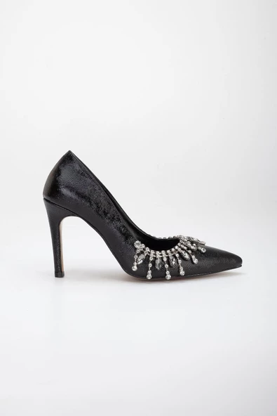 Kırışık Rugan Salkım Taşlı Siyah Kadın İnce Topuk Stiletto - Resim 3