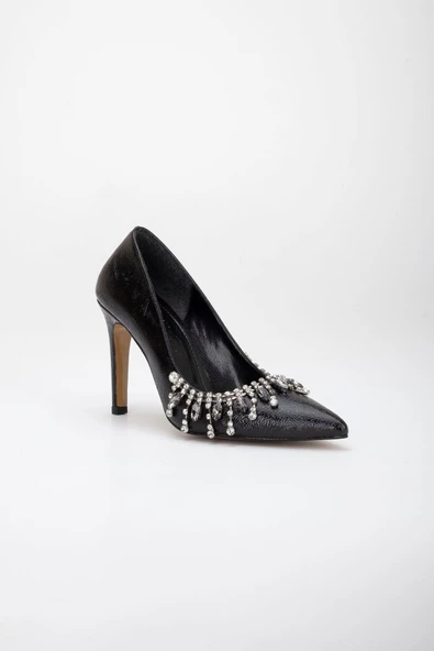 Kırışık Rugan Salkım Taşlı Siyah Kadın İnce Topuk Stiletto - Resim 4