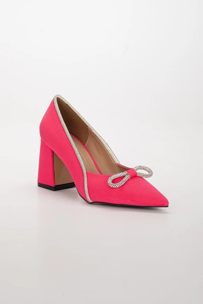 Saten Taşlı Kalın Topuk Fuşya Kadın Stiletto - 5