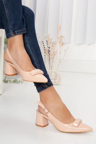 Dilimler Ayakkabı Rugan Tokalı Pudra Kadın Kısa Topuklu Ayakkabı - Resim 3
