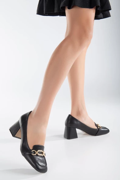 Büyük Küçük Numara Küt Burun Tokalı Cilt Siyah Kadın Kalın Topuklu Ayakkabı - Resim 2