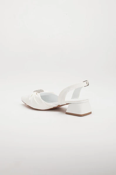 Saten Karnı Yarık Model Fiyonk Taşlı Beyaz Büyük Numara Kadın Ayakkabısı Topuklu - Resim 5