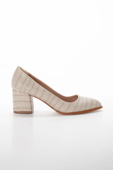 Büyük Numara Kroko Cilt Bej Kadın Topuklu Ayakkabı - Resim 2