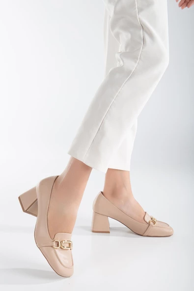 Büyük Küçük Numara Küt Burun Tokalı Cilt Nude Kadın Kalın Topuklu Ayakkabı - Resim 2