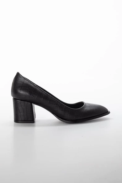 Büyük Numara Kroko Cilt Siyah Kadın Topuklu Ayakkabı - Resim 2