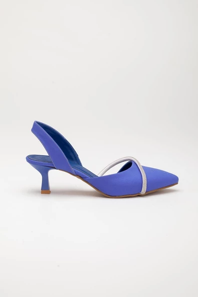 Saten Tek Sıra Taşlı Saks Mavi Büyük Numara Kadın Ayakkabısı Topuklu - Resim 3