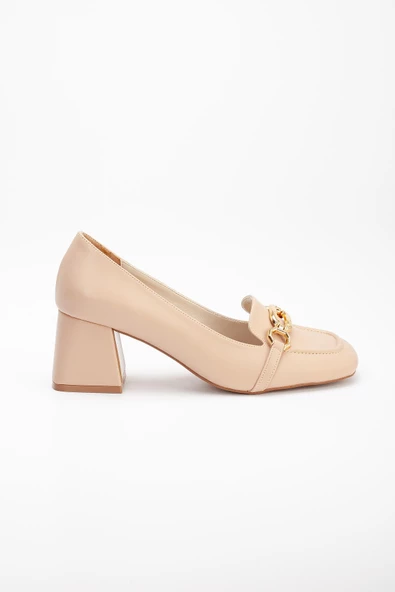Büyük Küçük Numara Küt Burun Tokalı Cilt Nude Kadın Kalın Topuklu Ayakkabı - Resim 3