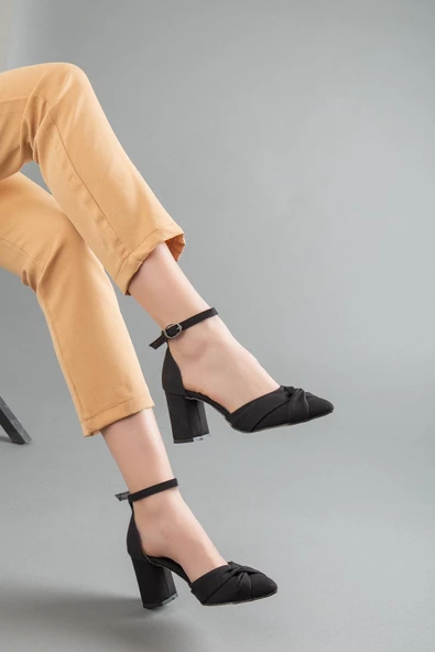 Saten fiyonk Baretli Siyah Büyük Numara Kadın Ayakkabısı Topuklu - Resim 2