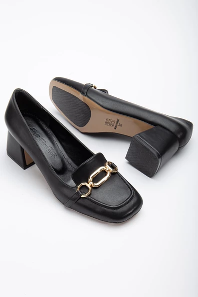 Büyük Küçük Numara Küt Burun Tokalı Cilt Siyah Kadın Kalın Topuklu Ayakkabı ürün görseli