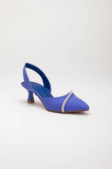 Saten Tek Sıra Taşlı Saks Mavi Büyük Numara Kadın Ayakkabısı Topuklu - Resim 4