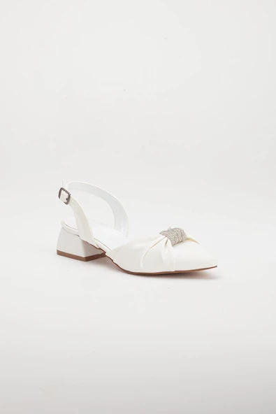 Saten Karnı Yarık Model Fiyonk Taşlı Beyaz Büyük Numara Kadın Ayakkabısı Topuklu - Resim 4