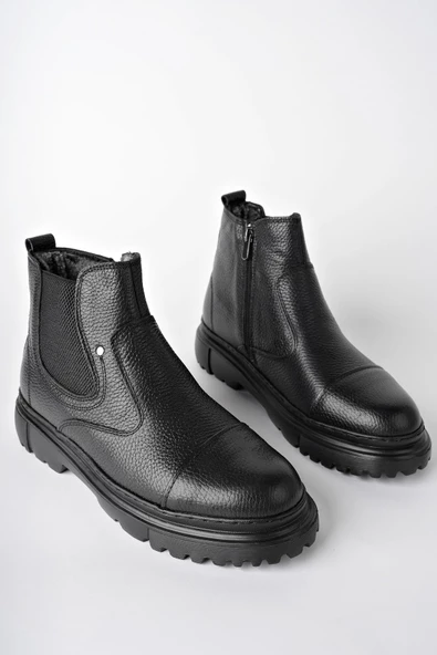 Muggo MİNJAE Garantili Hakiki Deri Fermuarlı İçi Kürklü Eva Taban Erkek Kışlık Chelsea Bot - 3