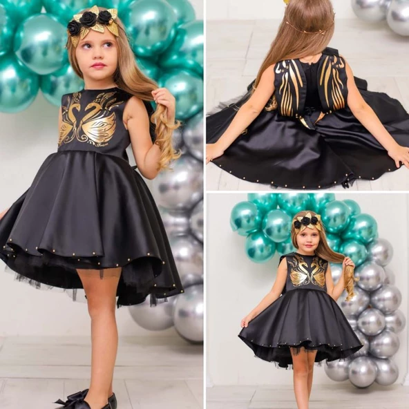 MODAVALS SİYAH İNCİ NAKIŞLI VARAK DETAYLI ÖZEL TASARIM KIZ ÇOCUK ABİYE & TAÇ KOMBİN - 3