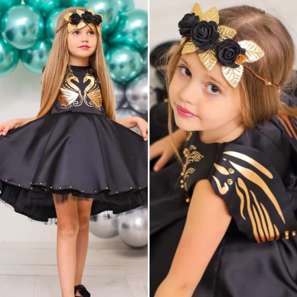 MODAVALS SİYAH İNCİ NAKIŞLI VARAK DETAYLI ÖZEL TASARIM KIZ ÇOCUK ABİYE & TAÇ KOMBİN - 4