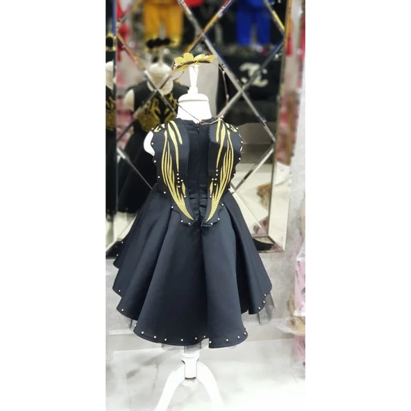 MODAVALS SİYAH İNCİ NAKIŞLI VARAK DETAYLI ÖZEL TASARIM KIZ ÇOCUK ABİYE & TAÇ KOMBİN - 9