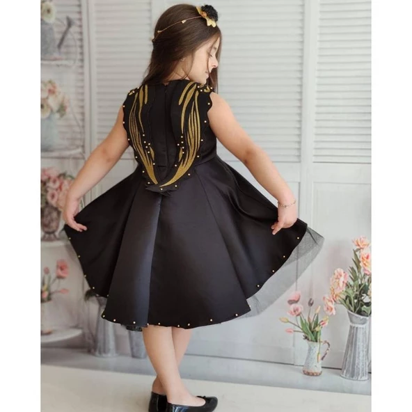 MODAVALS SİYAH İNCİ NAKIŞLI VARAK DETAYLI ÖZEL TASARIM KIZ ÇOCUK ABİYE & TAÇ KOMBİN - 2