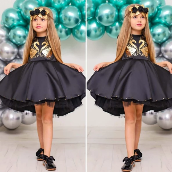 MODAVALS SİYAH İNCİ NAKIŞLI VARAK DETAYLI ÖZEL TASARIM KIZ ÇOCUK ABİYE & TAÇ KOMBİN - 6