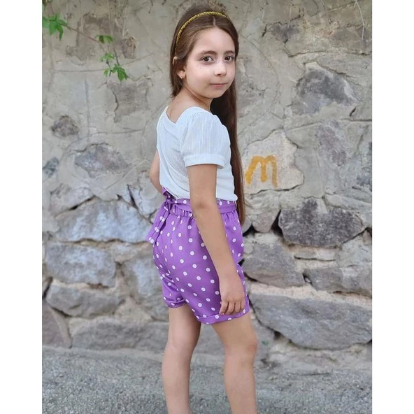 MODAVALS KIZ ÇOCUK PUANTİYELİ KEMERLİ ŞORT VE BLUZ KOMBİN - MOR - 6