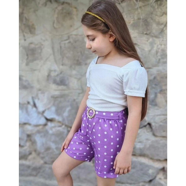 MODAVALS KIZ ÇOCUK PUANTİYELİ KEMERLİ ŞORT VE BLUZ KOMBİN - MOR - 5