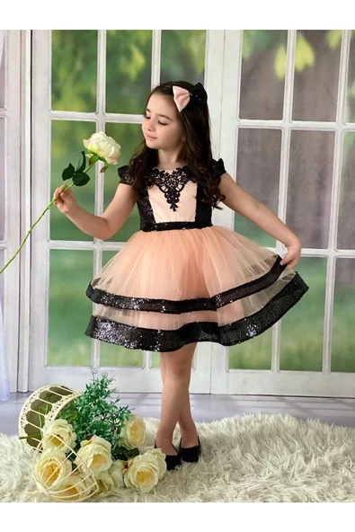 MODAVALS PAYET VE DANTEL İŞLEMELİ TÜL DETAYLI BELDE FİYONK DETAYLI KIZ ÇOCUK ABİYE VE TOKA KOMBİN - Resim 7