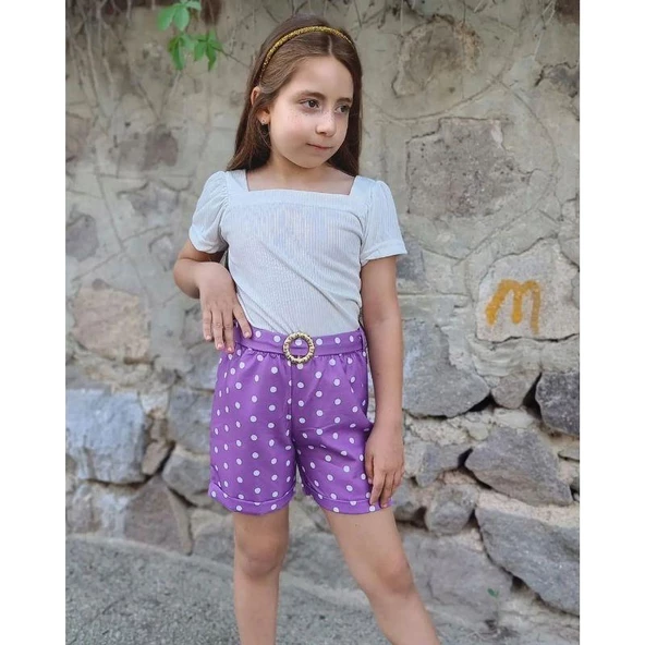 MODAVALS KIZ ÇOCUK PUANTİYELİ KEMERLİ ŞORT VE BLUZ KOMBİN - MOR - 3