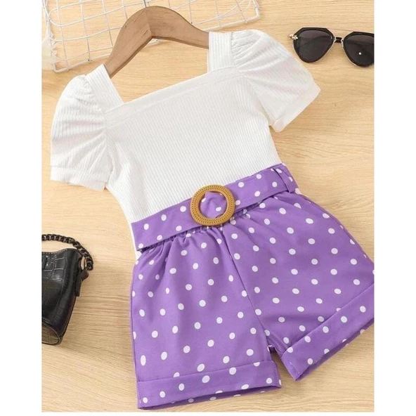 MODAVALS KIZ ÇOCUK PUANTİYELİ KEMERLİ ŞORT VE BLUZ KOMBİN - MOR - 7