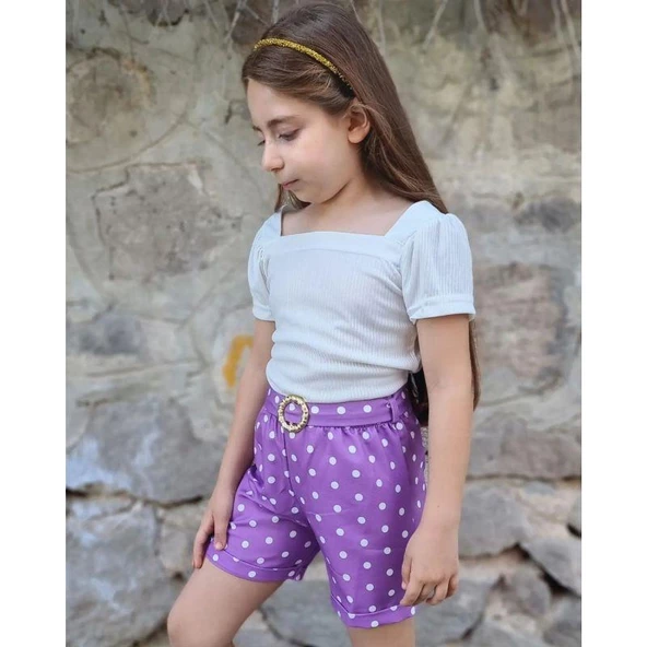 MODAVALS KIZ ÇOCUK PUANTİYELİ KEMERLİ ŞORT VE BLUZ KOMBİN - MOR - 4