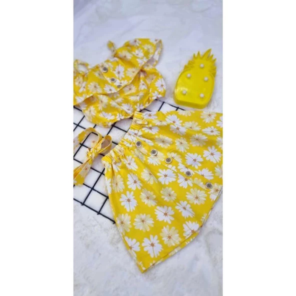 MODAVALS PAPATYA DESENLİ DÜĞME DETAYLI YAZLIK KIZ ÇOCUK ETEKLİ KOMBİN - 6