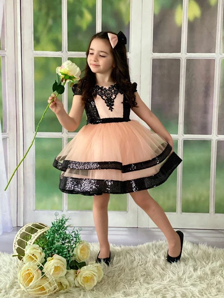 MODAVALS PAYET VE DANTEL İŞLEMELİ TÜL DETAYLI BELDE FİYONK DETAYLI KIZ ÇOCUK ABİYE VE TOKA KOMBİN - Resim 3