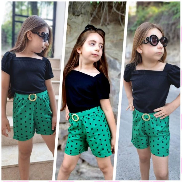 MODAVALS KIZ ÇOCUK PUANTİYELİ KEMERLİ ŞORT VE BLUZ KOMBİN - YEŞİL - 2