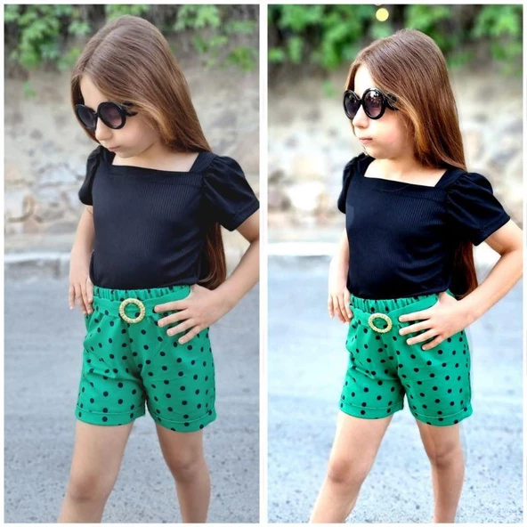 MODAVALS KIZ ÇOCUK PUANTİYELİ KEMERLİ ŞORT VE BLUZ KOMBİN - YEŞİL - 3