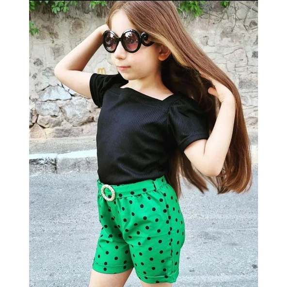 MODAVALS KIZ ÇOCUK PUANTİYELİ KEMERLİ ŞORT VE BLUZ KOMBİN - YEŞİL - 6