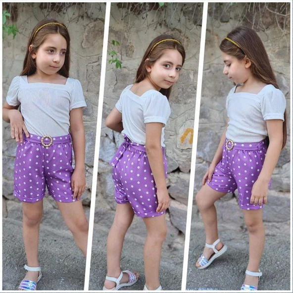 MODAVALS KIZ ÇOCUK PUANTİYELİ KEMERLİ ŞORT VE BLUZ KOMBİN - MOR - 2