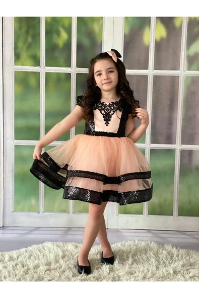 MODAVALS PAYET VE DANTEL İŞLEMELİ TÜL DETAYLI BELDE FİYONK DETAYLI KIZ ÇOCUK ABİYE VE TOKA KOMBİN - Resim 2