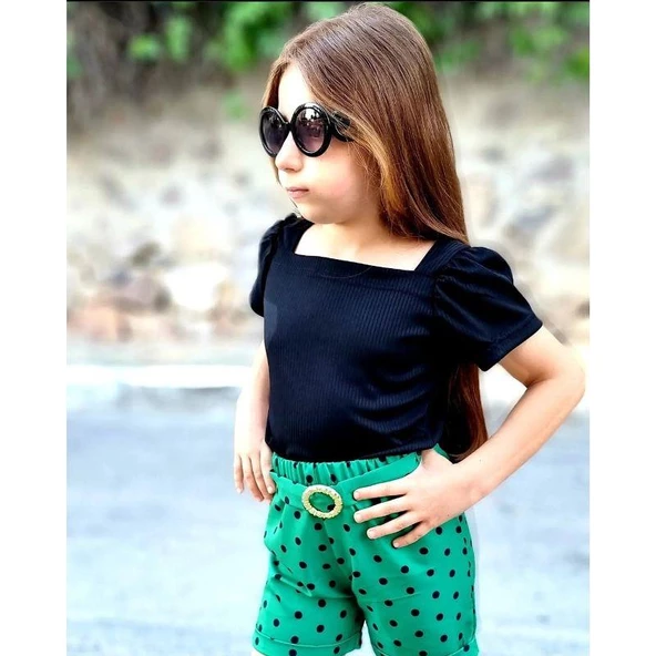 MODAVALS KIZ ÇOCUK PUANTİYELİ KEMERLİ ŞORT VE BLUZ KOMBİN - YEŞİL - 5