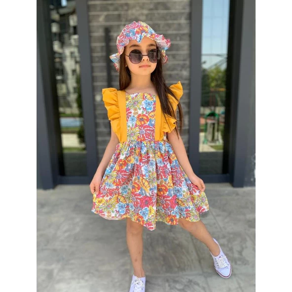 MODAVALS ŞAPKALI FIRFIRLI ÇİÇEK DESENLİ KIZ ÇOCUK ELBİSE - SARI - 3
