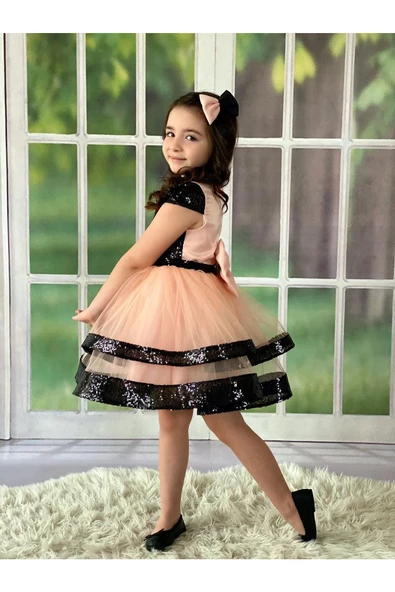 MODAVALS PAYET VE DANTEL İŞLEMELİ TÜL DETAYLI BELDE FİYONK DETAYLI KIZ ÇOCUK ABİYE VE TOKA KOMBİN - Resim 5