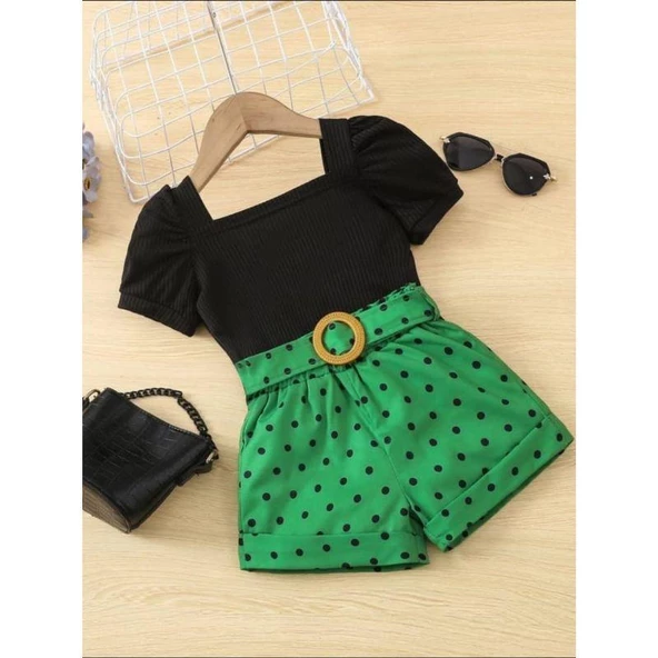 MODAVALS KIZ ÇOCUK PUANTİYELİ KEMERLİ ŞORT VE BLUZ KOMBİN - YEŞİL - 8