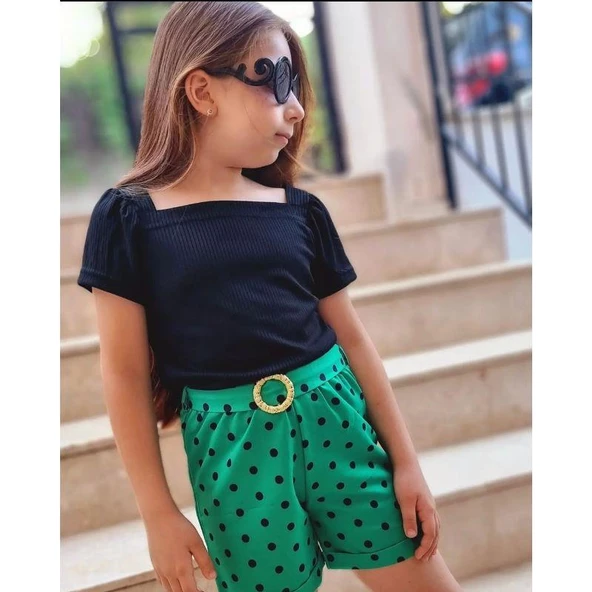 MODAVALS KIZ ÇOCUK PUANTİYELİ KEMERLİ ŞORT VE BLUZ KOMBİN - YEŞİL - 7