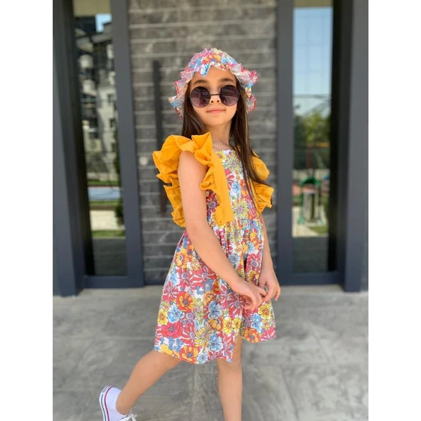 MODAVALS ŞAPKALI FIRFIRLI ÇİÇEK DESENLİ KIZ ÇOCUK ELBİSE - SARI - 4