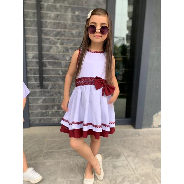 MODAVALS KARDEŞ KOMBİN DANTEL DETAYLI PAMUKLU KIZ ÇOCUK ELBİSE - BORDO - 2