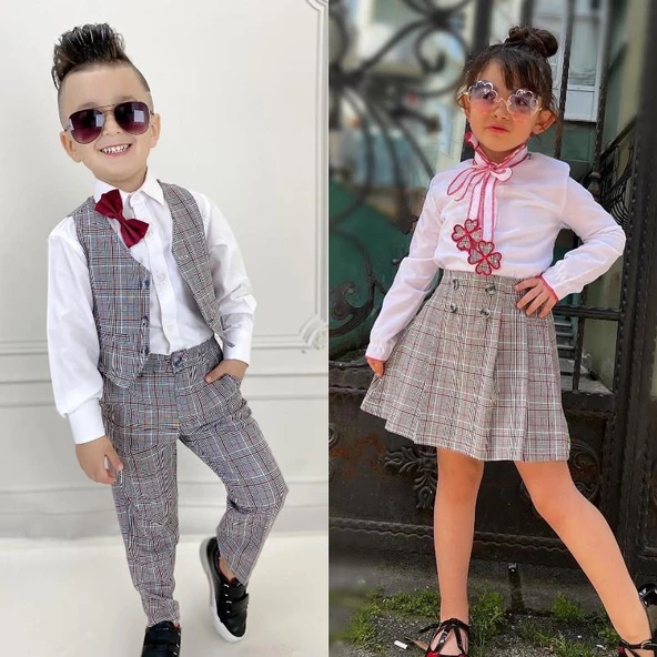 MODAVALS EKOSE KARDEŞ KOMBİN FIRFIR GÖMLEKLİ PAPATYA NAKIŞLI PİLELİ KIZ ÇOCUK ETEKLİ TAKIM - BORDO - 7