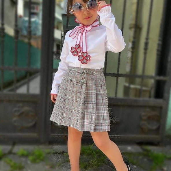 MODAVALS EKOSE KARDEŞ KOMBİN FIRFIR GÖMLEKLİ PAPATYA NAKIŞLI PİLELİ KIZ ÇOCUK ETEKLİ TAKIM - BORDO - 2