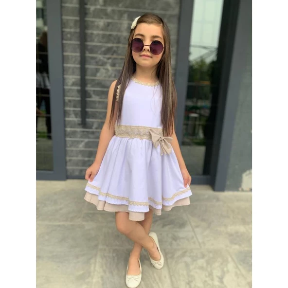 MODAVALS KARDEŞ KOMBİN DANTEL DETAYLI PAMUKLU KIZ ÇOCUK ELBİSE - KREM - 2